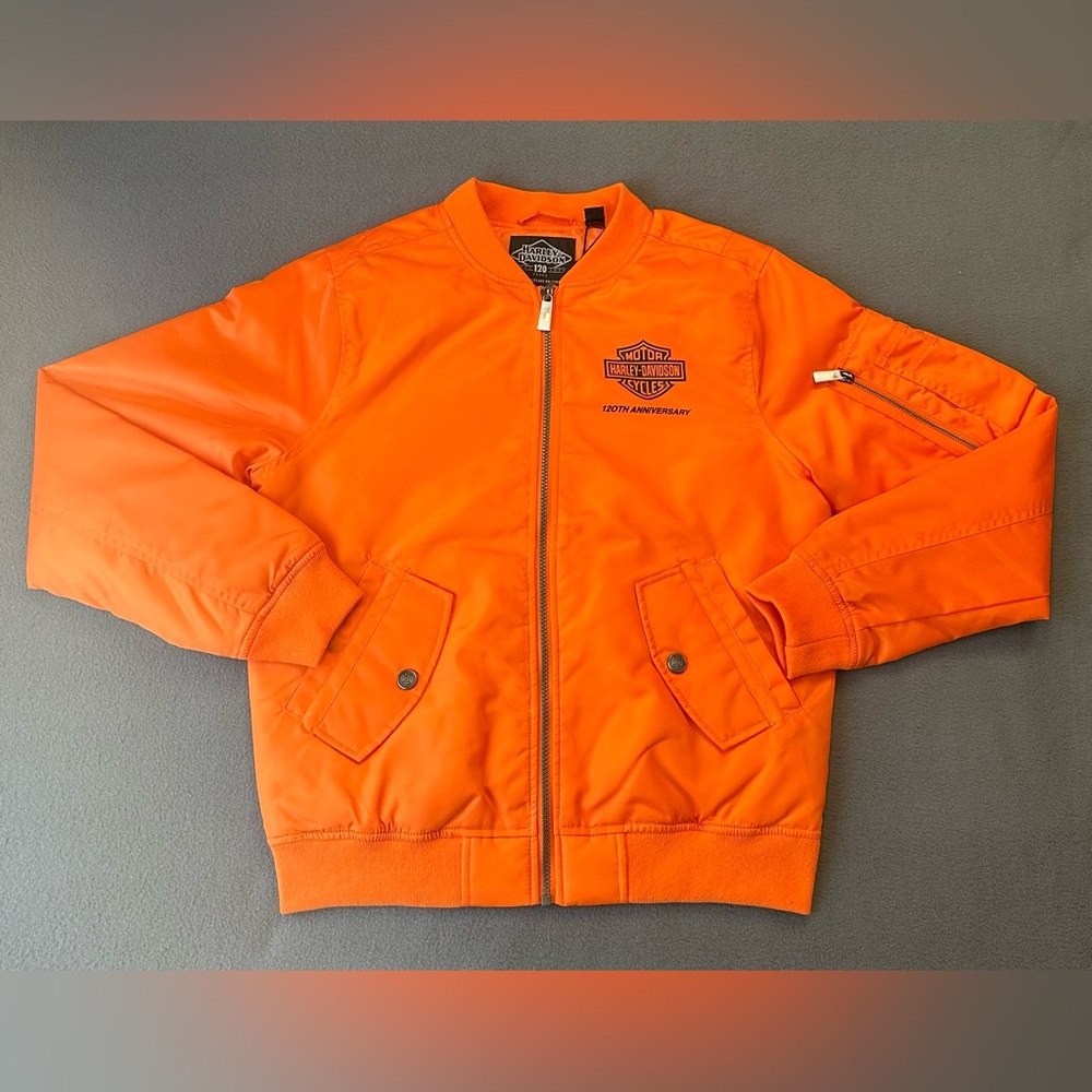 NEW Harley Davidson 120th Anniversary Orange Satin Bomber Jacket Womens XSMALL